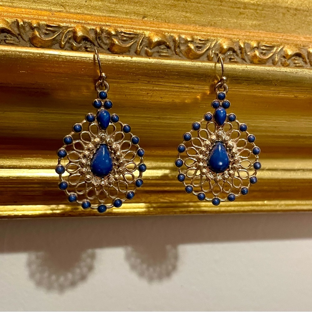 Vintage Lapis Lazuli Gold Drop Earrings - Picture 2 of 5